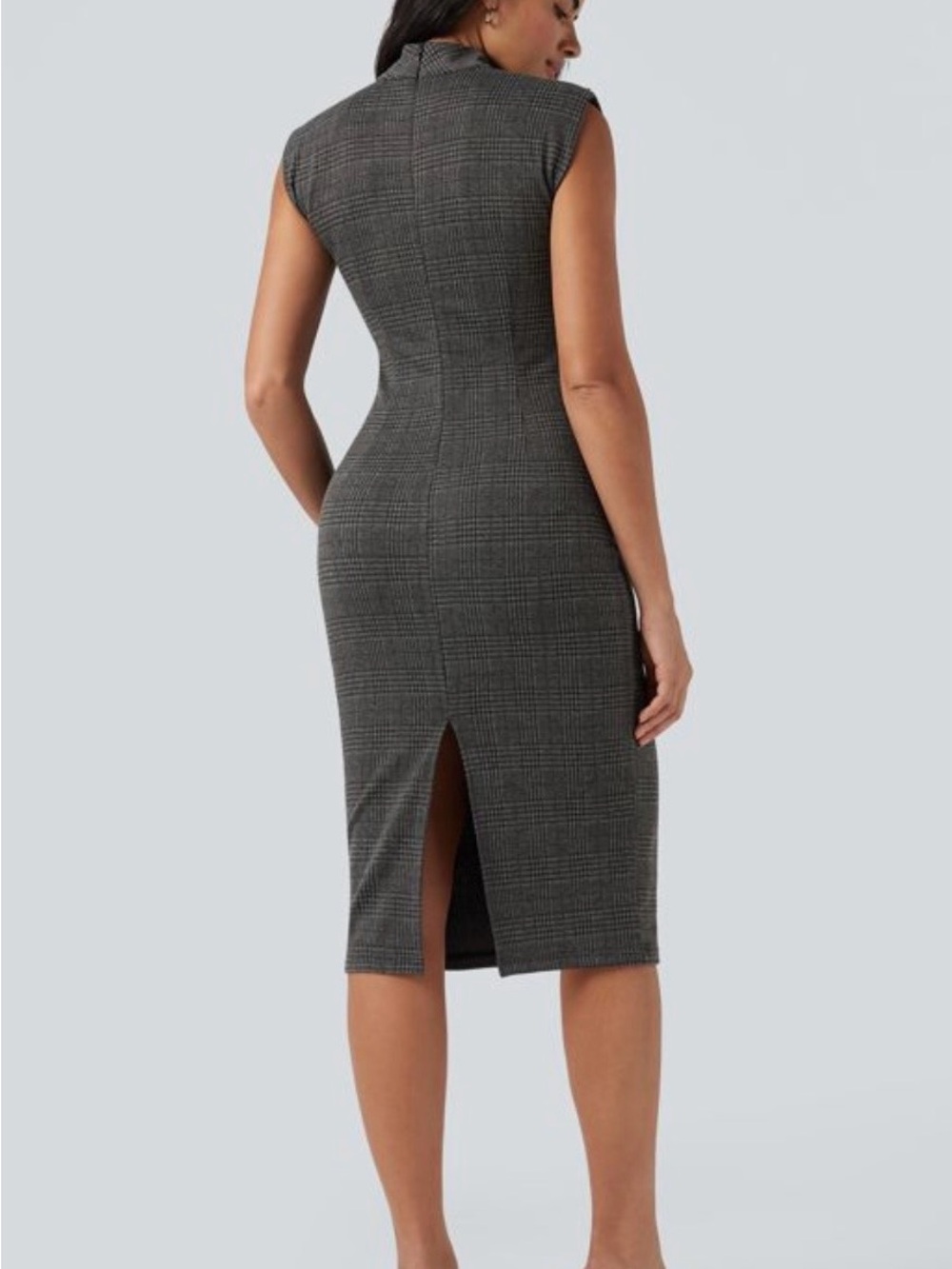 HALARA High Neck Sleeveless Bodycon Houndstooth Plaid Midi Work Dress - Picture 3 of 13